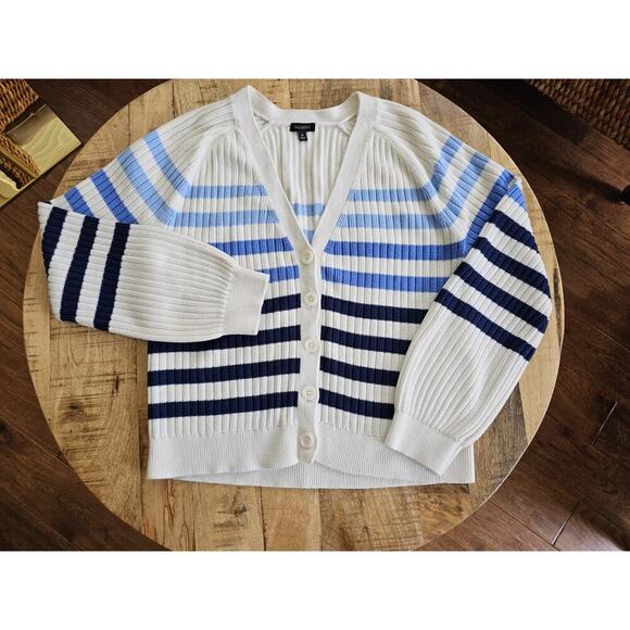 Talbots V-Neck Breton Striped Cardigan Sweater Women's M Coastal Preppy - Picture 1 of 10